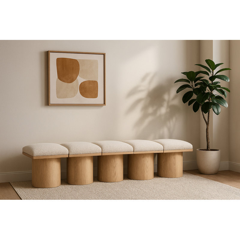 Banc rembourré Horatia, Tissu crème bouclé, Naturel, H 17,5 po x l 77,5 po x P 18 po