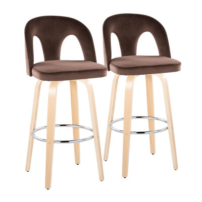 Ensemble de 2 tabourets de bar pivotants contemporains avec revêtement en velours, pieds en bois naturel et repose-pieds chromé - espresso