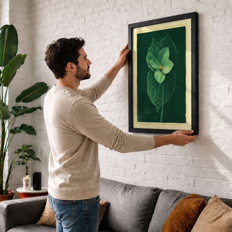 Pale Bloom and Leaves Botanical - Framed Print, A2 - 59.4 x 42.0 cm, Walnut