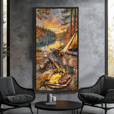 «Cozy Camping Trip By Forest Lake Campfire Scene», impression sur toile encadrée