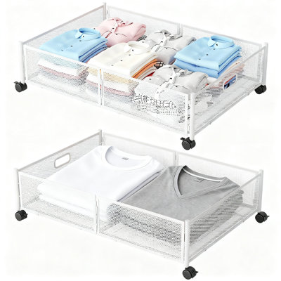 Rangement pliable en métal sous le lit avec roulettes, organisateur de tiroir à vêtements sans outil, paquet de 2 (blanc)