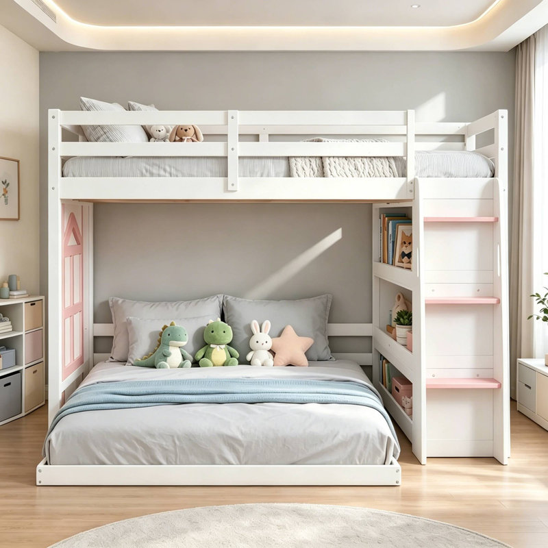 Structure de lit superposé en bois en forme de L avec fenêtre décorative, tablettes de rangement intégrées et escalier, Blanc