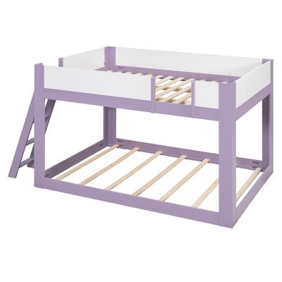 Queen Size Low Bunk Bed, Wooden Convertible Bunk Bed with Reversible Ladder and Safety Guardrails