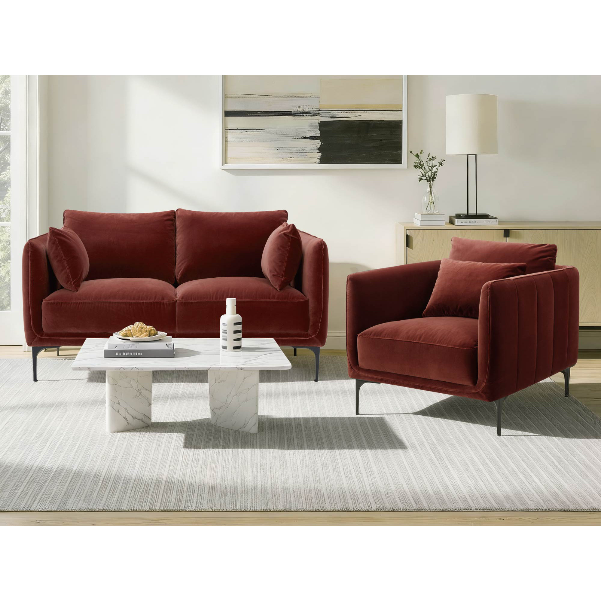 Rae 2 Piece Upholstered Living Room Set, Falkirk Reddish Brown Velvet