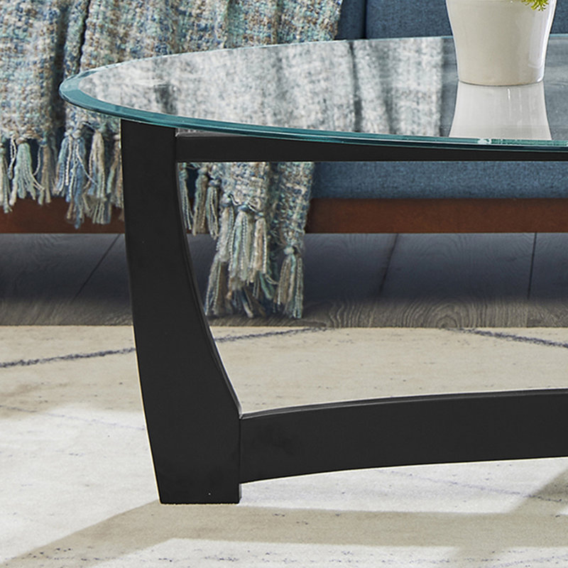 Table basse 48 po ovale en verre avec base en bois, noir, Transparent, Noir