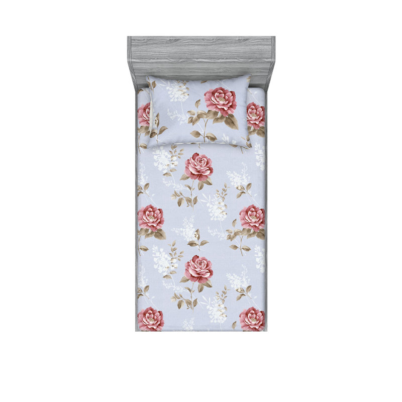 Drap-housse et taies décoratives 3 pièces Ambesonne, Motif floral bleu ciel pâle / marron pâle