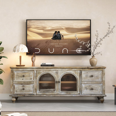 60" Farmhouse TV Stand with 4 Drawers & 2 Glass Doors, Rustic Wood Media Console, Distressed Entertainment Center for TV