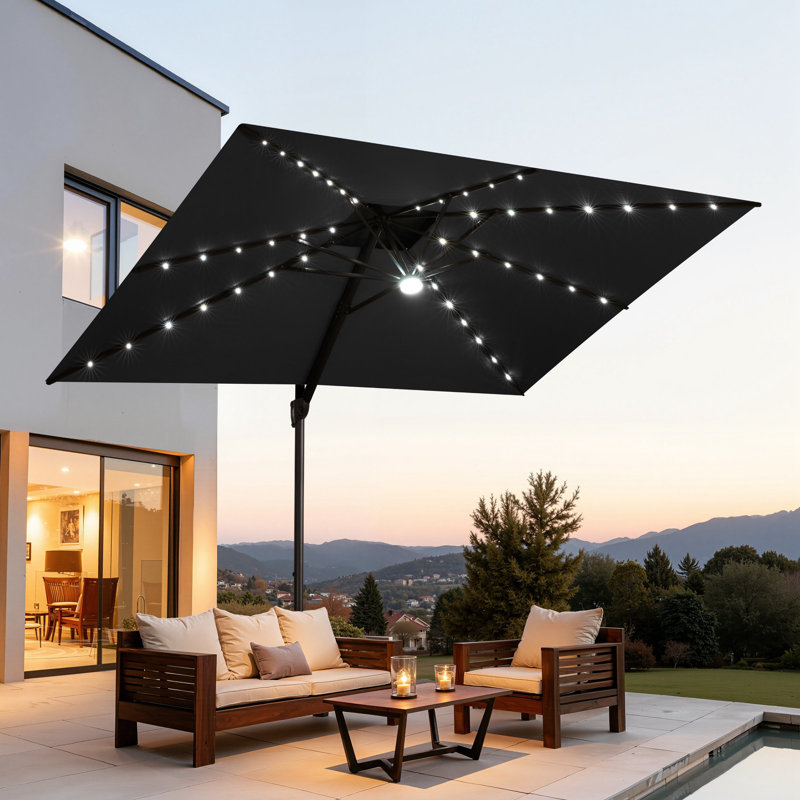 Parasol de patio rectangulaire en porte-à-faux 9 x 11 pi avec lumières DEL solaires, base lestée non incluse, Noir
