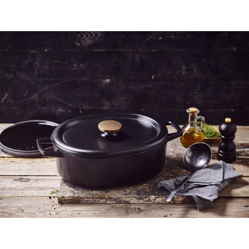 Alva Nori Black Enameled Cast Iron Oval Dutch Oven with Bronze Knob