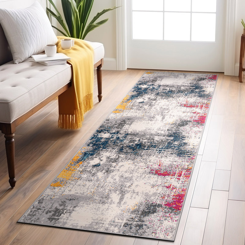 Raglen Abstract Performance Blue/Gray/Yellow Multi Rug, Runner 2' x 7'
