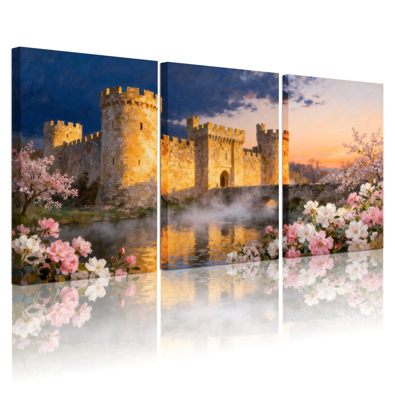 Ensemble de 3 impressions sur toile Mid-Century Castle Reflections Spring Blossoms Sunset Sky, H 24 po x l 48 po
