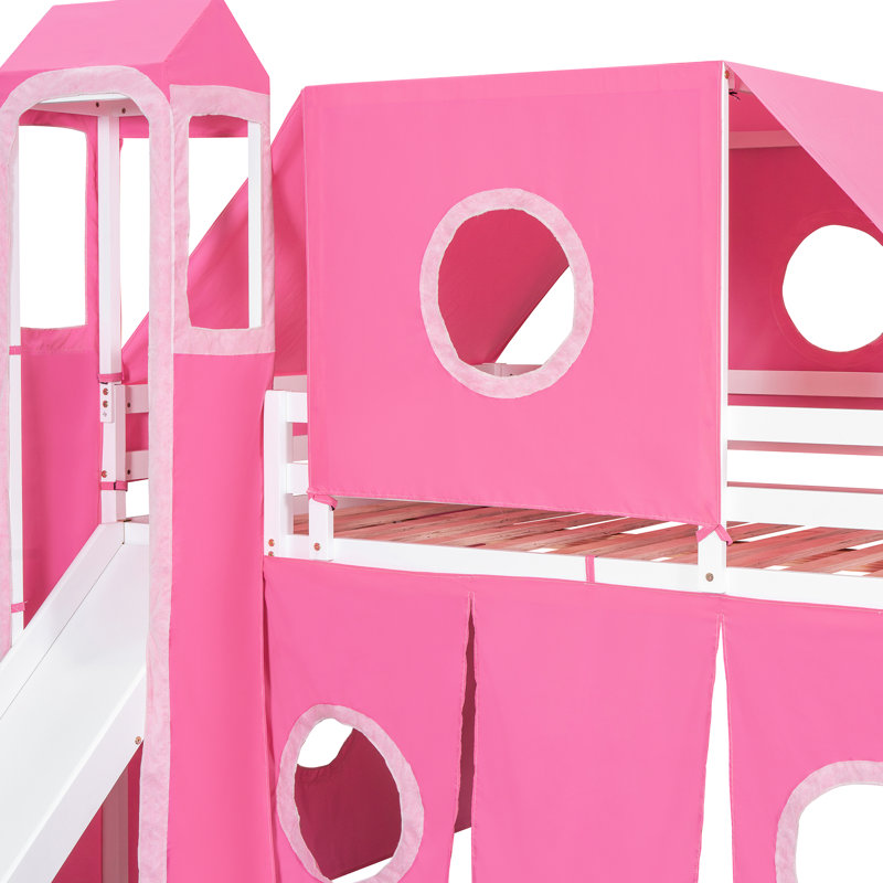 Lit mezzanine double avec tente et tour rose. Fabriqué en bois de pin massif. Fenêtre de conception inspirée d'une maisonnette. Vaste espace de rangement. L 94,6 po x l 99,5 po x H 78,9 po. Matelas non inclus. Assemblage
