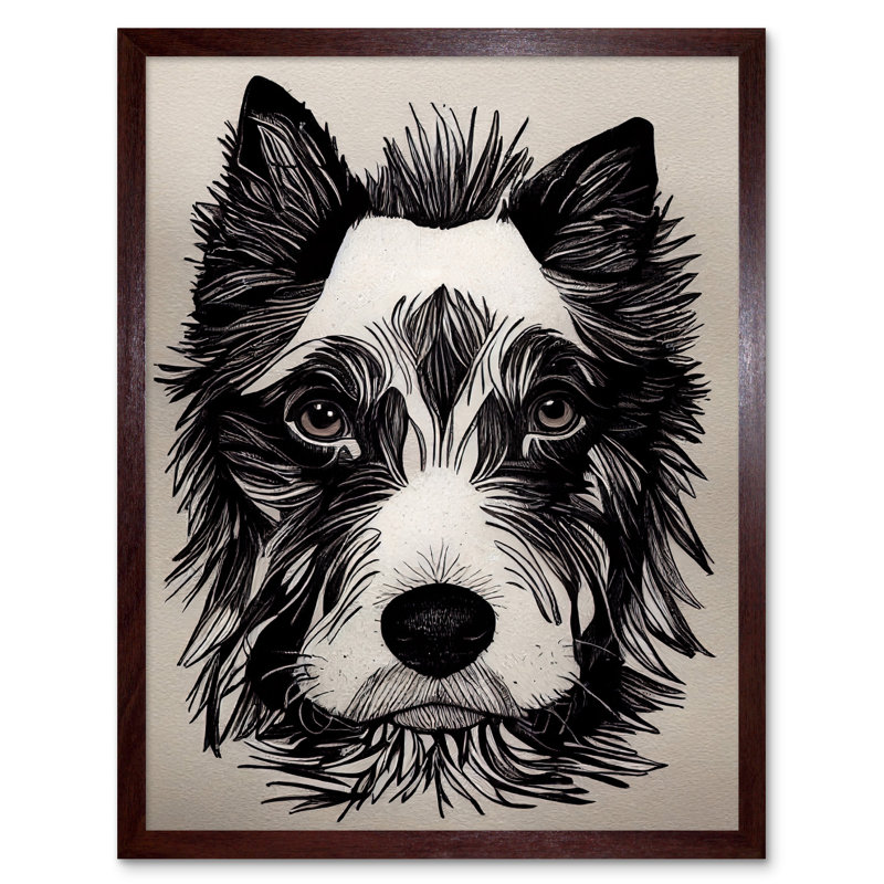 Cute Border Collie Face Ink Line 1 Piece Wall Art, 43cm H x 33cm W x 2cm D, Brown Framed Paper