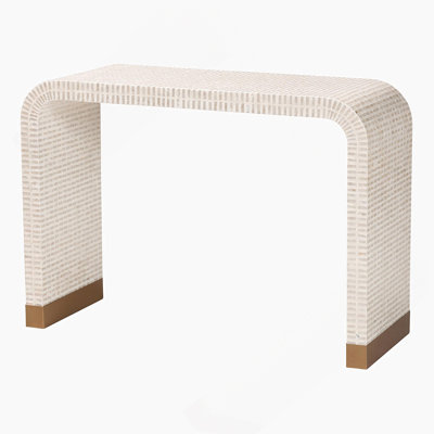 Coastal Console Table With Capiz Shell Mosaic, Versatile Storage And Stylish Waterfall Silhouette For Modern Interiors.