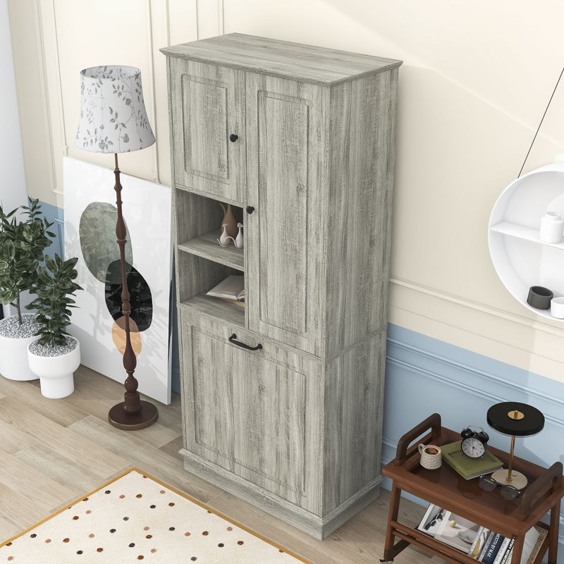 Freestanding Storage Cabinet with Flip-Out Basket and Storage Shelves, Oak
