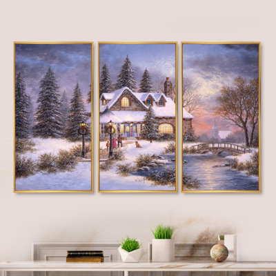 «Winter Christmas Scene A Treasured Time», ensemble d'art mural sur toile encadré traditionnel de 3 pièces