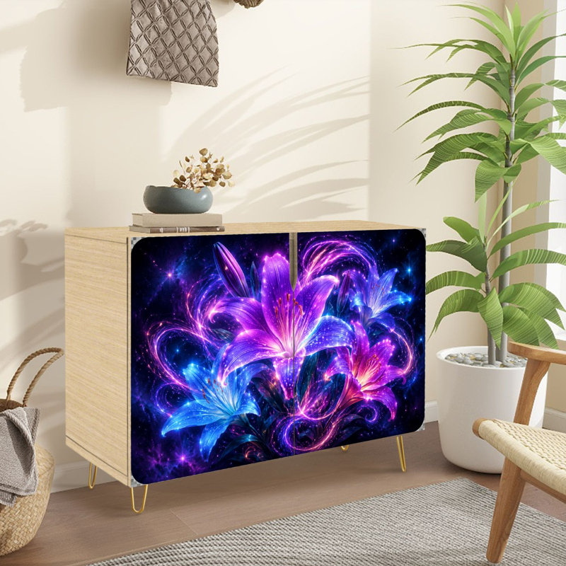 Buffet Buffet avec rangement Vibrant Neon Lilies Cosmic Swirls Starry Night avec 2 portes pour le salon et la cuisine