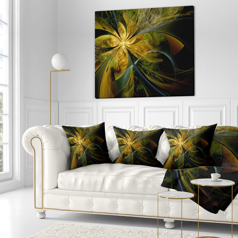 Fleur symétrique fractale en or - coussin à imprimé floral, 18 po x 18 po, Coussin décoratif
