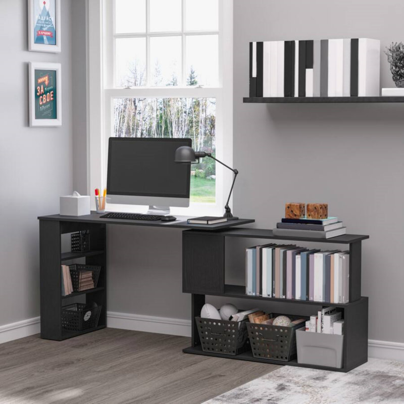Bureau en coin pivotant à 360 ° en forme de L avec tablettes de rangement, bureau d'ordinateur noir peu encombrant