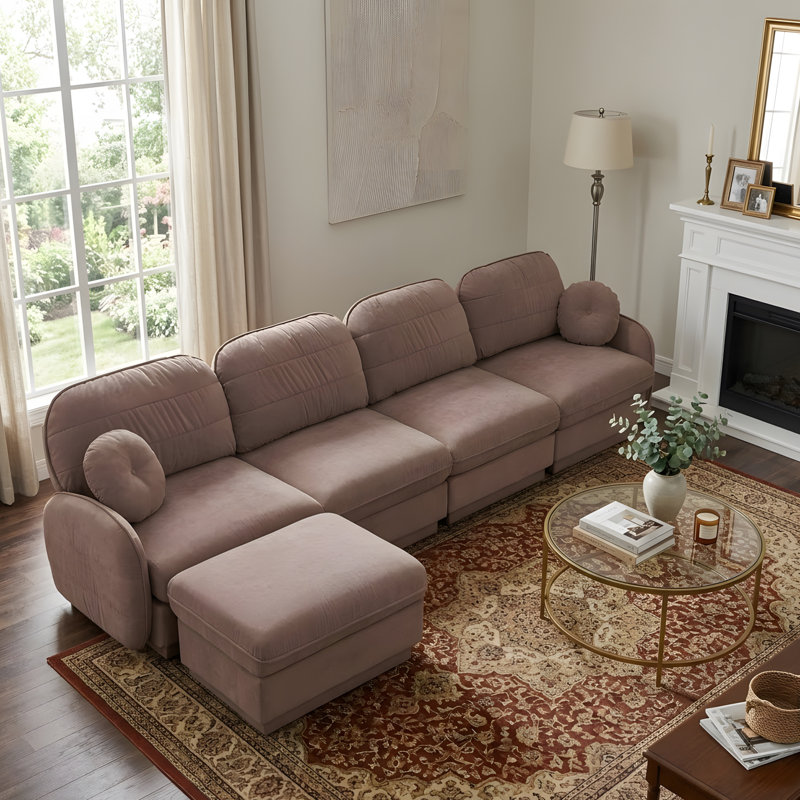 Canapé en L avec assise profonde et repose-pieds amovible, Rose Dust Chenille, 37.4" H x 137" W x 57.8" D
