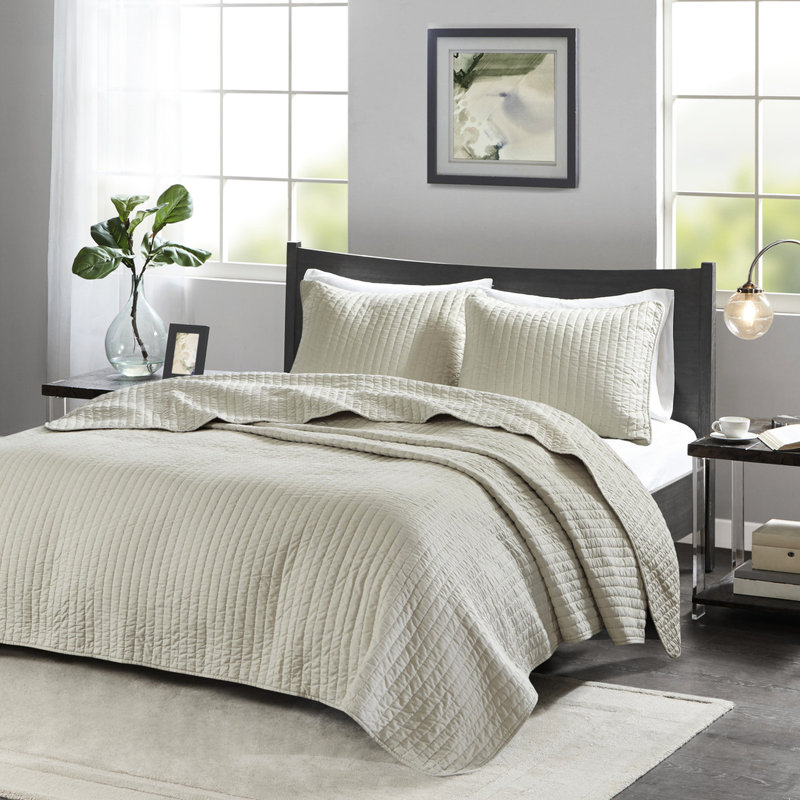 Courtepointe crème pour très grand / très grand lit, microfibre avec rembourrage en coton, lit de repos réversible 3 pièces en très grand lit, intérieur, repos apaisant