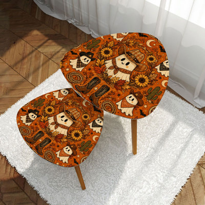 Modern Triangle Nesting Coffee Table Set of 2 Cowboy Ghosts Sunflowers Whimsical surrounded by cacti Mid Century Stackable End Table Small Accent Side Table for Living Room Bedroom Apartment Home Decor