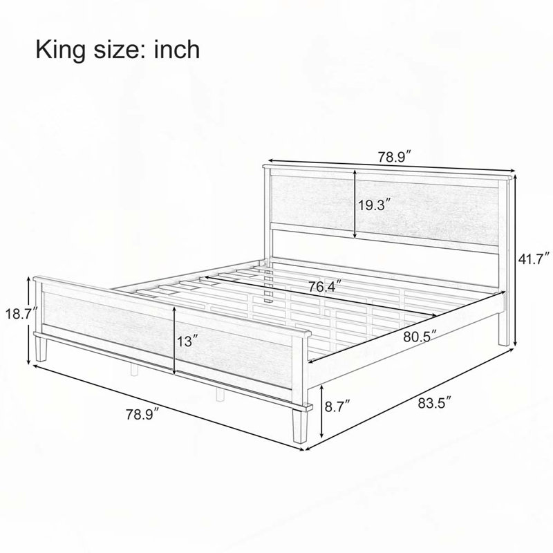 Wood Platform Bed with Headboard and Wood Slat Support, White, King