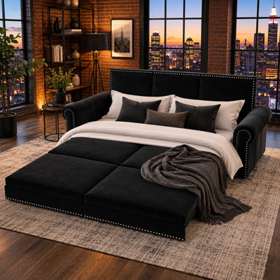 Chesterfield 93.7" King Pull Out Sofa Bed, 3-in-1 Velvet Convertible Sleeper Sofa with Nailhead Trim, Rolled Arms & Pull-Out Bed, Multi-Functional Couch for Living Room（Black）