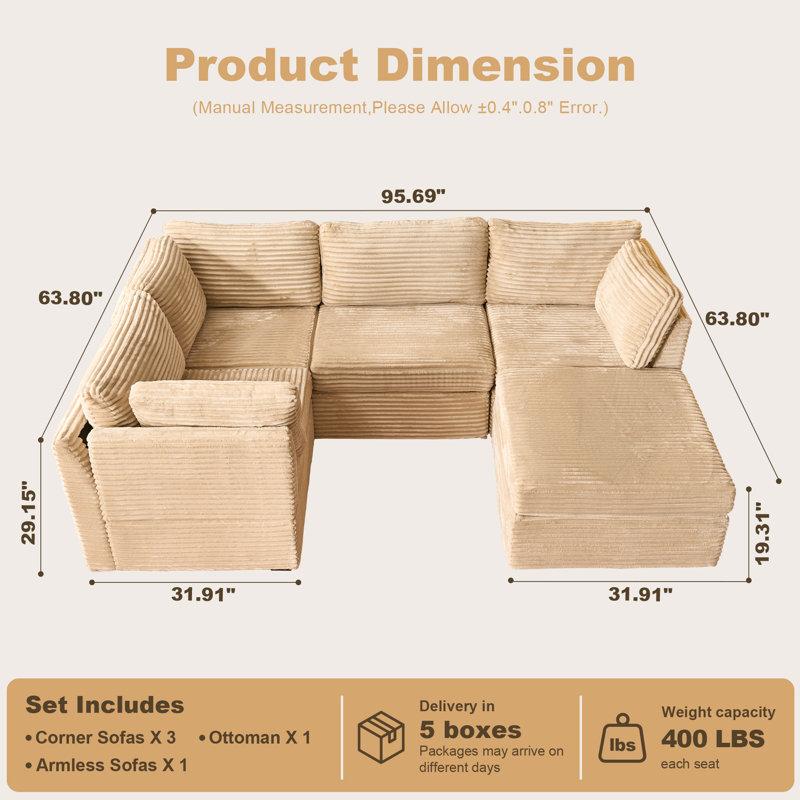 Canapé modulaire en forme de U 95,6 "avec repose-pieds, canapé profond pour le salon, Beige