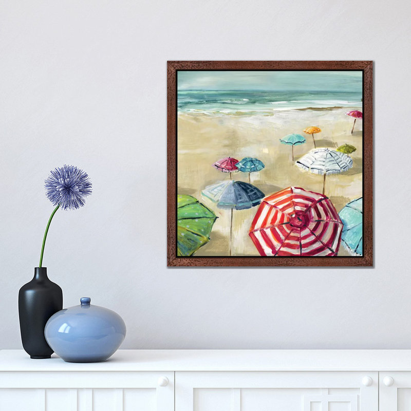 Umbrella Beach II by Carol Robinson - Painting on Canvas, 45.72 cm H x 45.72 cm W, Brown Floater Framed