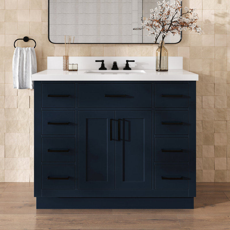 Tidworth 42' Solid Wood Single Bathroom Vanity with 1.5' White Quartz Top, Bleu minuit / noir mat, Forme rectangulaire