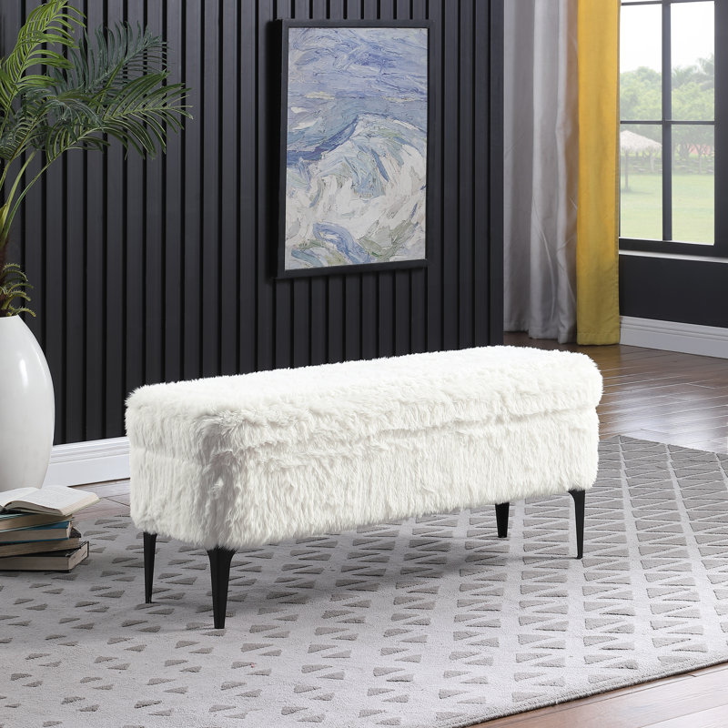 Ameelya Upholstered Storage Bench, White Faux Fur