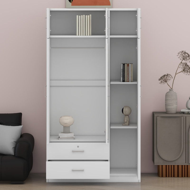 Armoire moderne à 3 portes avec miroir pleine grandeur, tiroirs et armoire de rangement supérieure, Blanc