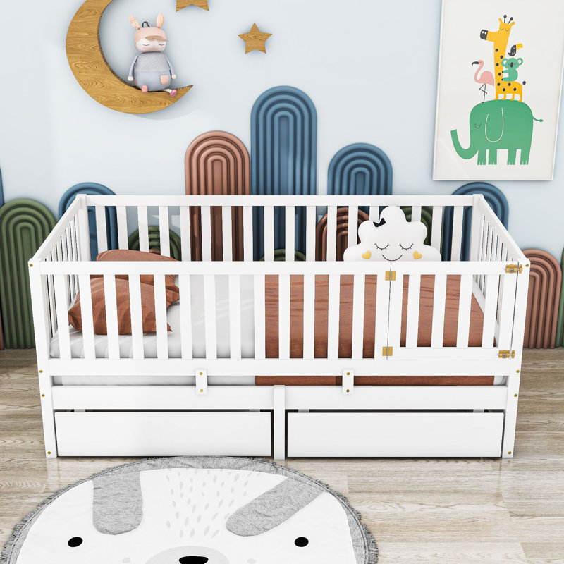 Lit en bois 2 tiroirs avec garde-corps en bois, Simple, Blanc
