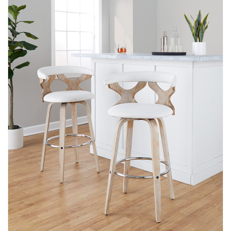 Tabourets de bar Laquietta 30 po à hauteur fixe avec pieds en bois courbé et repose-pieds rond, Crème