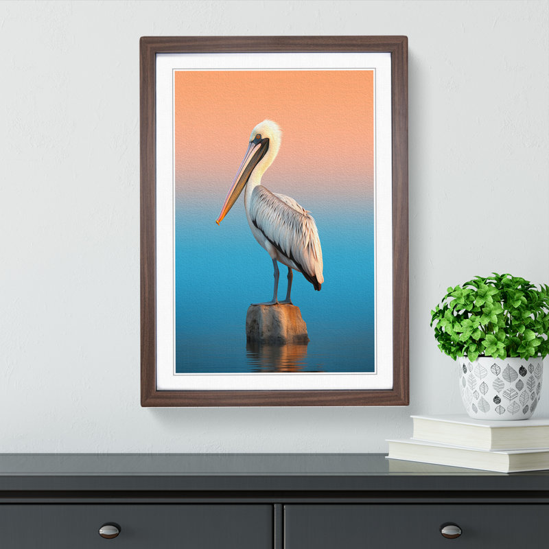 Pelican Minimalism Art - Framed Print, 34cm H x 25cm W x 2cm D, Walnut Framed