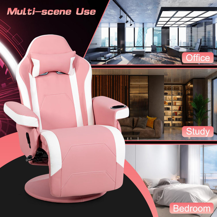 Inbox Zero Adjustable Reclining Ergonomic Faux Leather Swiveling PC &  Racing Game Chair with Footrest in Pink/White