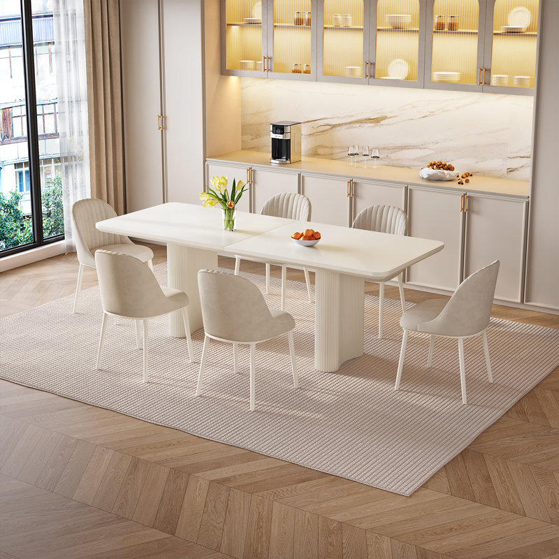 Ensemble de table de salle à manger 78,97 "moderne blanc crème rectangulaire avec 6 chaises pour la cuisine, le bar et le salon