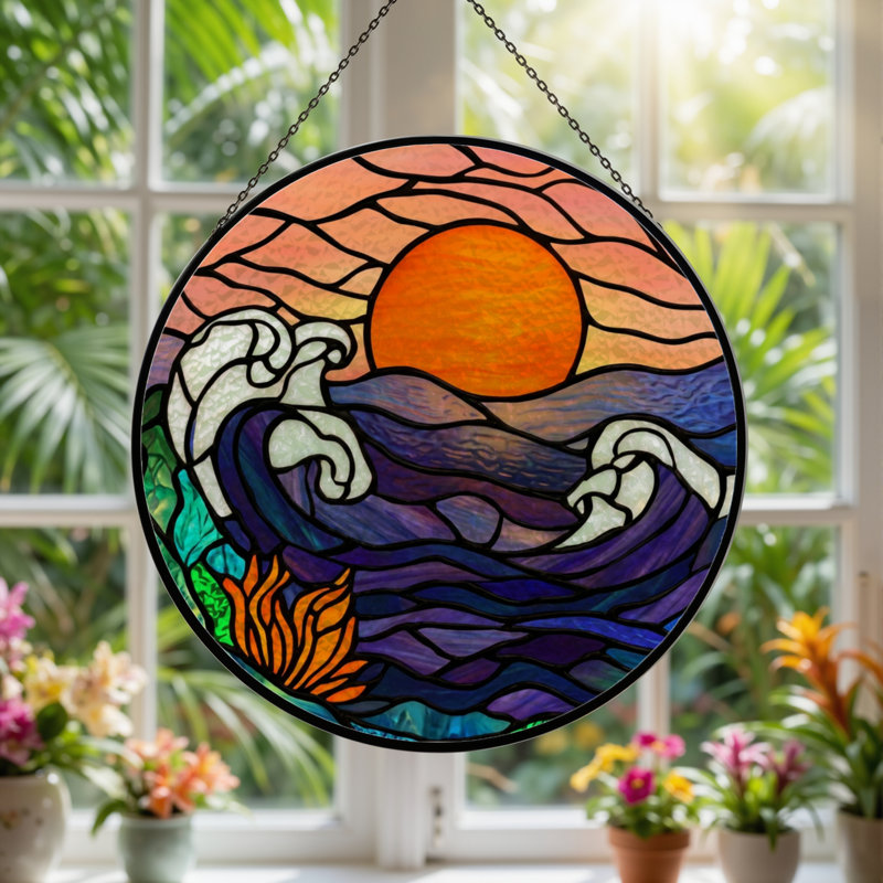 7.8"H Ocean Sunset Stained Glass Window Panel, 7.8" H x 7.8" W