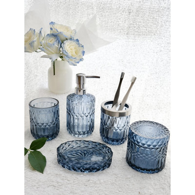 Blue Bathroom Accessories Set, 5Pcs Clear Glass Bathroom Accessories, Hand Soap Dispenser, Soap Dish, Toothbrush Holder Set, cotton swabs Holder For Crystal Vintage Bath Countertop Decor, Gift Set