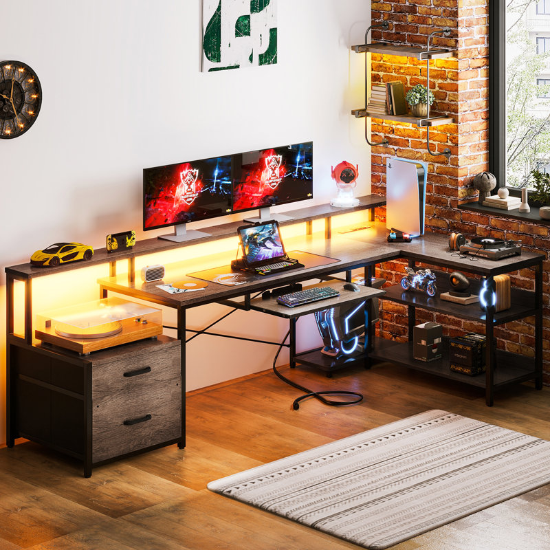 Sholpan LED L-Shaped Desk with Cabinet with Power Outlets, 35" H x 74.5" W x 39.4" D, Gray/Black