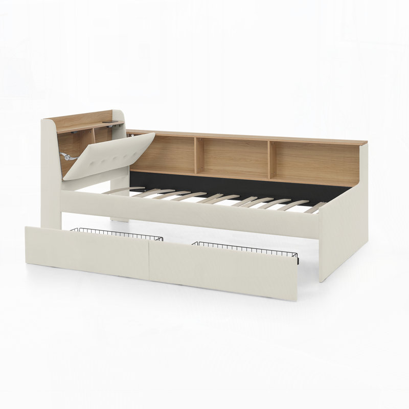 Modern Day Bed with Storage Headboard,Two Storage Drawers and LED Lights, Beige