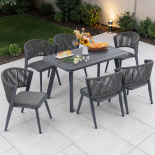 5-Piece Outdoor Dining Set, 51.2" Rectangular Aluminum Table & 4 Hand-Woven Wicker Chairs with 3-Layer Breathable Cushions, Rustproof All-Weather Patio Furniture for Garden & Deck