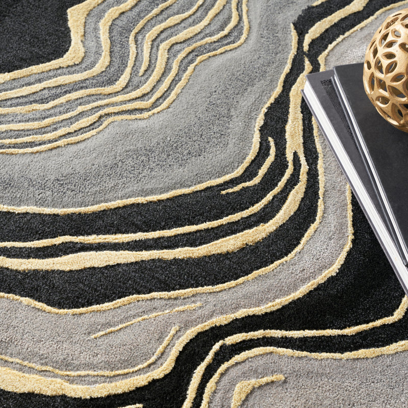Abstract Handmade Hand Tufted Viscose Area Rug in Beige/Black/Gray, Rectangle 3'9" x 5'9"