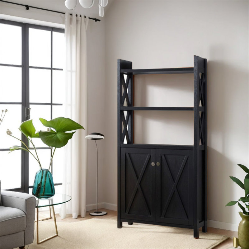Gilchrist 69" H x 34" W 2-Door Standard Bookcase,Wooden Display,Storage Cabinet with 2 Shelves, Black