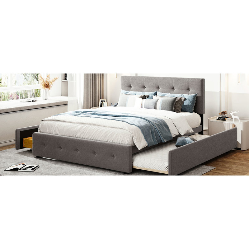 Grand lit plateforme tapissier avec 2 tiroirs et gigogne simple TG, lin gris, bouton, lit en bois, sans sommier, option de rangement