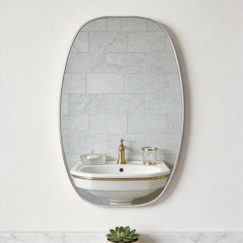 24x36 in Silver Metal Framed Oval Vanity Bathrrom Mirror for Wall, Silver