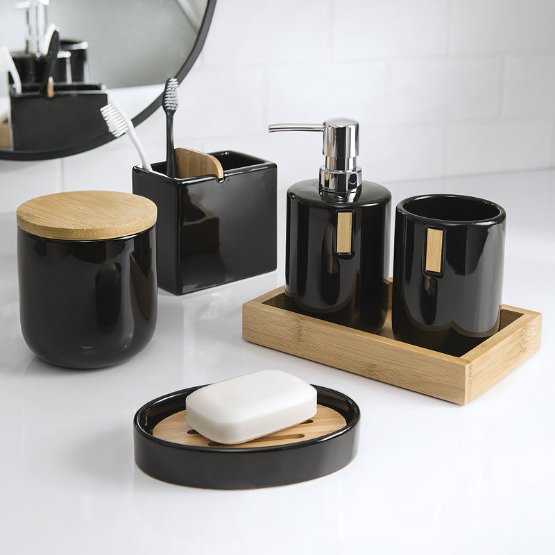 Black Ceramic Bathroom Storage Jar with Bamboo Lid
