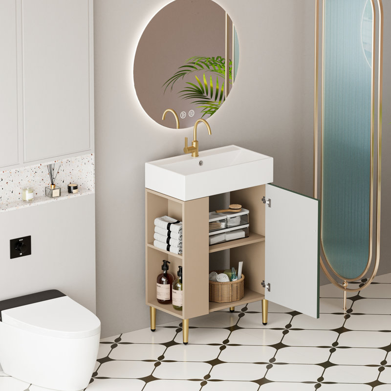 Freestanding Bathroom Vanity with Ceramic Sink and Storage, Green/Light Brown