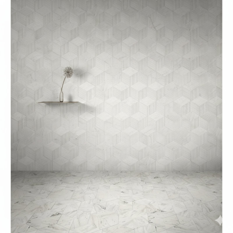 Carreau de marbre hexagonal blanc naturel avec une surface polie, matériau de pierre authentique adapté aux projets de mur et de plancher, 12 carreaux par boîte.
